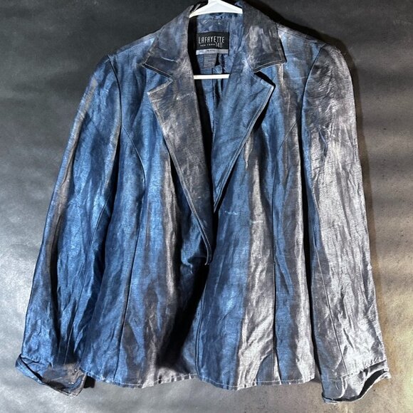 Lafayette 148 Blazer Black Charcoal Gray Silk Size 10P Size 10 Jacket Coat Suit - Picture 4 of 11